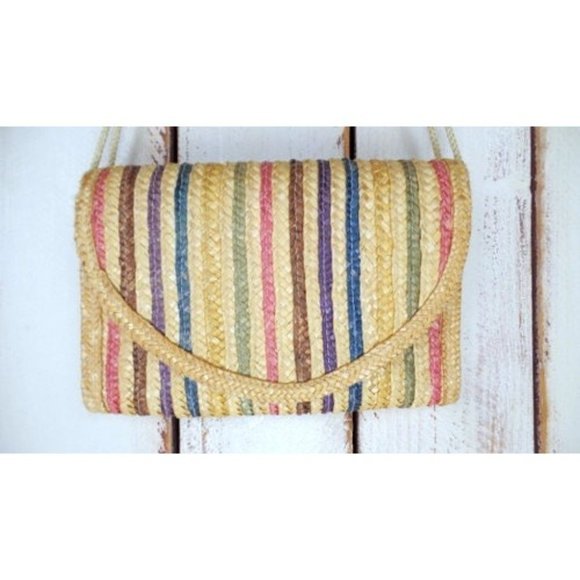 Vintage tan striped straw envelope shoulder purse - Picture 3 of 6